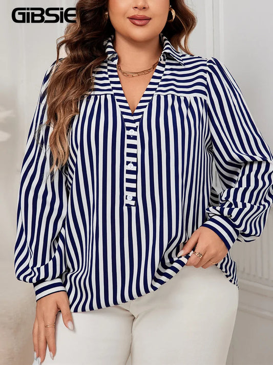 GIBSIE Plus Size Blue And White Striped Shirt Woemn Autumn New Polo Collar Long Sleeve Button Front Casual Loose Blouses Tops