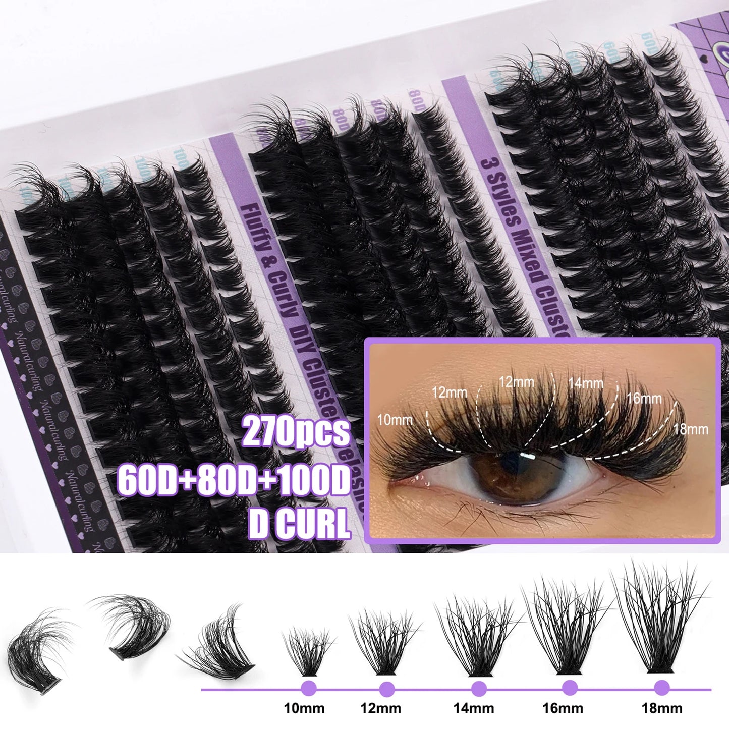 270pcs Fluffy volume False Eyelashes bond and seal lash remover kit Individual cluster 60D 80D 100D natural Eyelash extensions