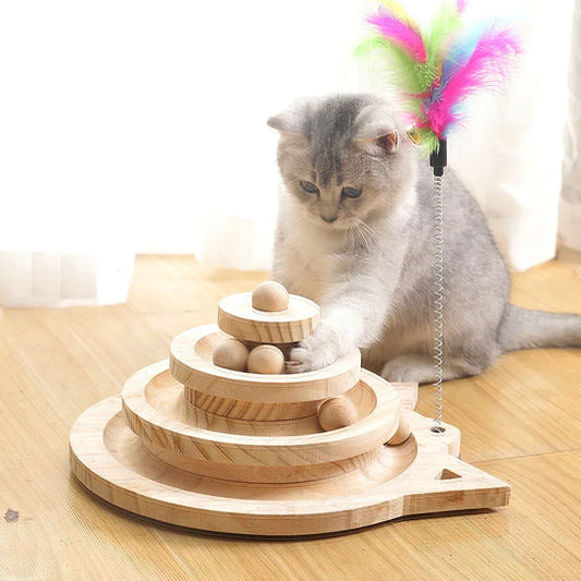 Wooden 2/3 Levels Pet cat Toy Tower Tracks Disc cat Intelligence Amusement Triple Play Disc Cat toys ball Training Toys