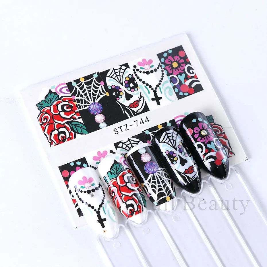 4pcs Clown Skull Bone Nail Stickers Cute Anime Sliders Halloween Water Decals Nail Art Decorations Manicure Wraps LASTZ735-738