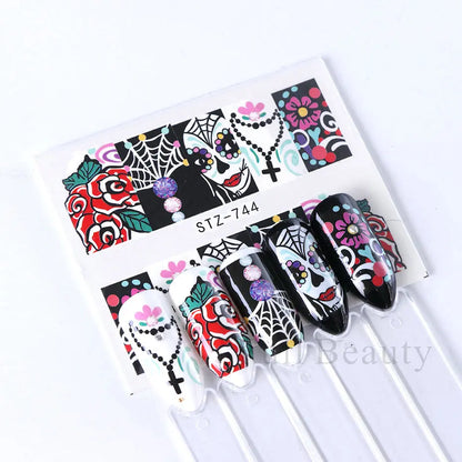 4pcs Clown Skull Bone Nail Stickers Cute Anime Sliders Halloween Water Decals Nail Art Decorations Manicure Wraps LASTZ735-738