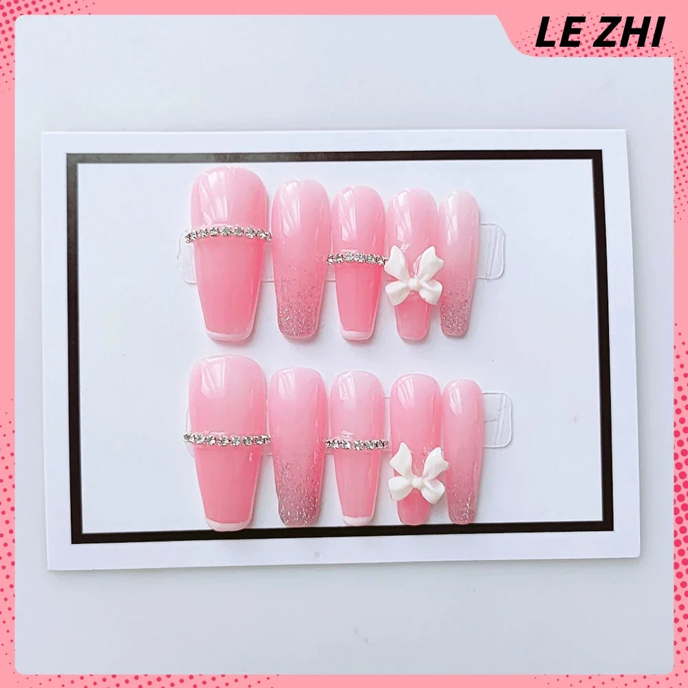 Handmade Press On Nails Hello Kitty Butterfly Rhinestones Full Cover Ballerina Manicuree Decoration Wearable Nail Party Sticker