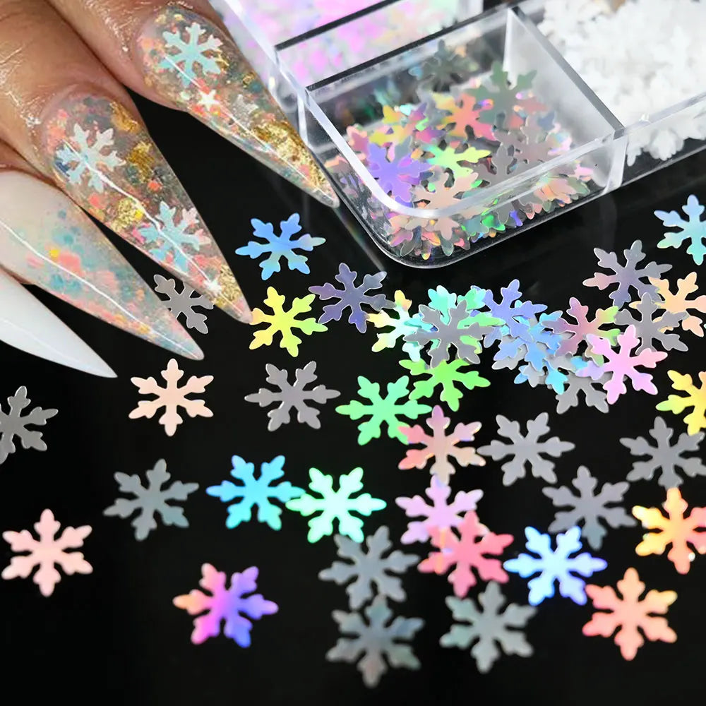 6Grids/Box Winter Christmas Snowflake Nail Art Glitter Iridescent White Glitter Flake Sequins Manicure Xmas Spangle Paillettes *