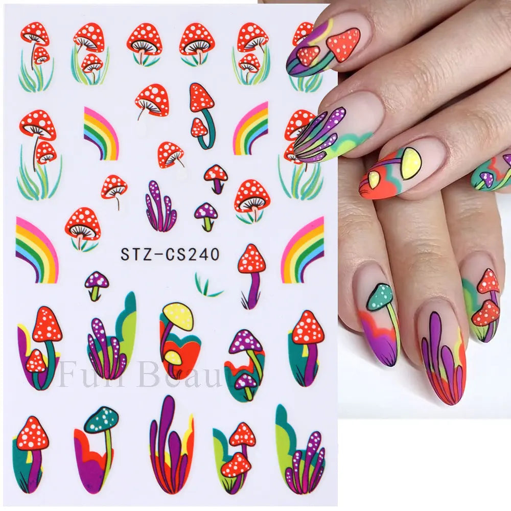 3D Nail Stickers Eyes Mushroom Flower Sliders for Nails Designs Rainbow Abstract Nail Art Adhesive Decals  Decoration STZCS240