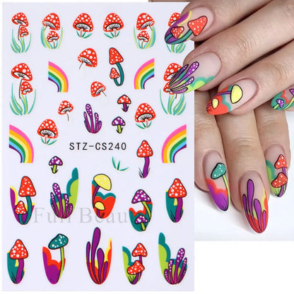 3D Nail Stickers Eyes Mushroom Flower Sliders for Nails Designs Rainbow Abstract Nail Art Adhesive Decals  Decoration STZCS240