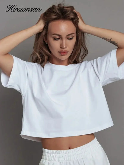 Hirsionsan 100% Cotton Short T Shirt Women 2024 New Y2k Summer Basic Vintage Tees Casual Loose Chic O Neck Female Crop Tops