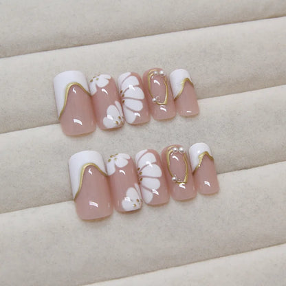 24pc White Edge French Fake Nails Medium Long Acrylic Nails Press Ons with Simple Gold Swirl Flower Designs French Press on Nail