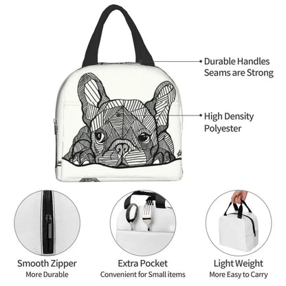 French Bulldog Puppy Facial Insulated Lunch Bag for Work School Picnic Resuable Portable Thermal Cooler Lunch Box for Women Kids