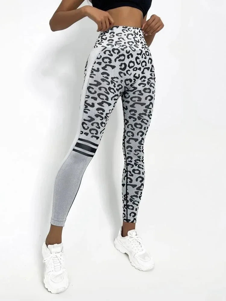 Women Leopard Seamless Yoga Pants High Waist Lifting Hip Honey Peach Hip Fitness Pants Yoga Suit Tight Running Sports Pants