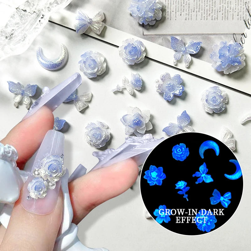 30PCS Ice Transparent Flower Resin 3D Nail Art Charms Glow-In-Dark Butterlfy Bowknot Nail Decorations DIY Jewelry Accessories