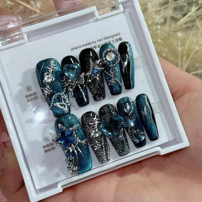 10Pcs Handmade False Nails with Rose Butterfly Rhinestone Design Long Ballet Full Cover Fake Nails Wearable Coffin Press on Nail