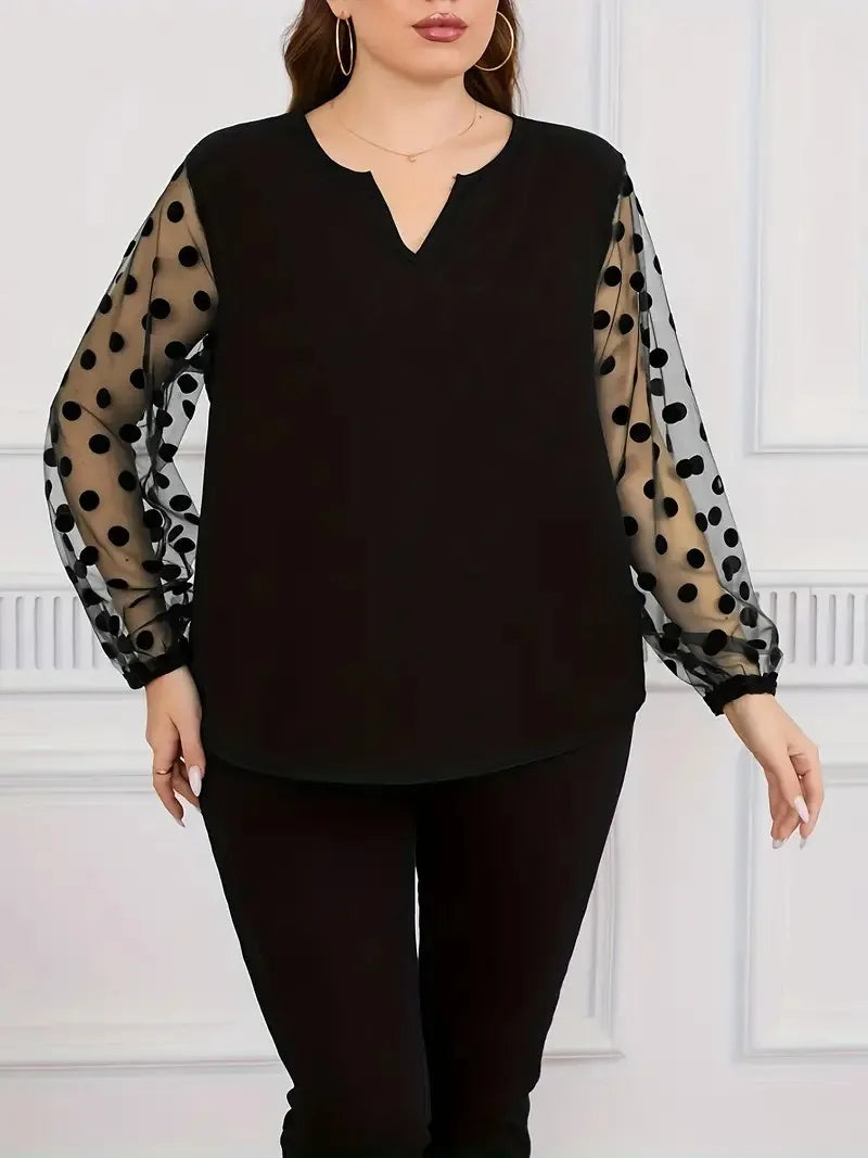 GIBSIE Plus Size Notch Neck Dot Mesh Long Sleeve Blouse Women Spring Summer Black Elegant Office Ladies Casual Tops Blouses