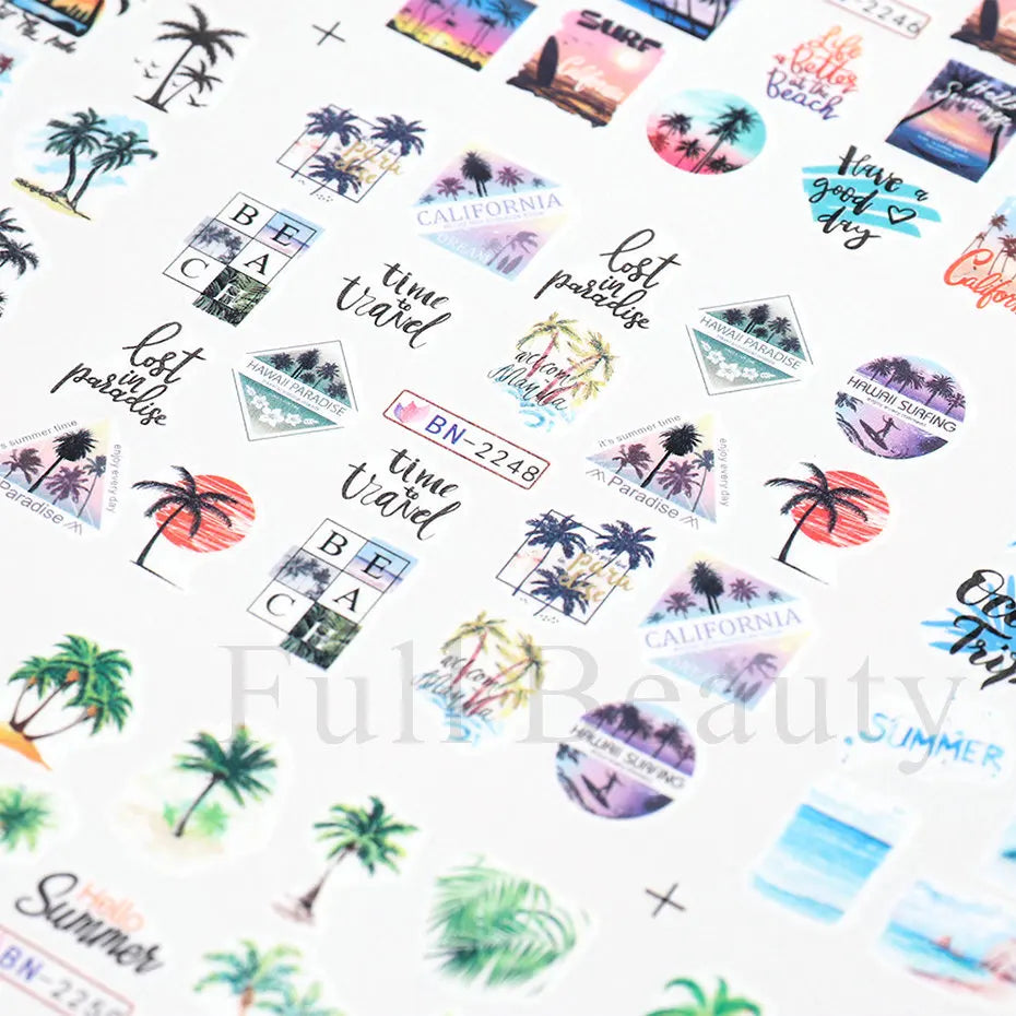 Palm Coconut Tree Summer Theme Nail Water Stickers Leaf Sea Sunset Tropical Style Water Transfer Decals Holiday Manicure Tattoos