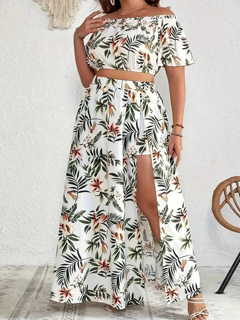 GIBSIE Plus Size Women's Bohemian Tropical Print Off-Shoulder Crop Top and High Split Long Skirts 2 Piece Sets Women Outfit New