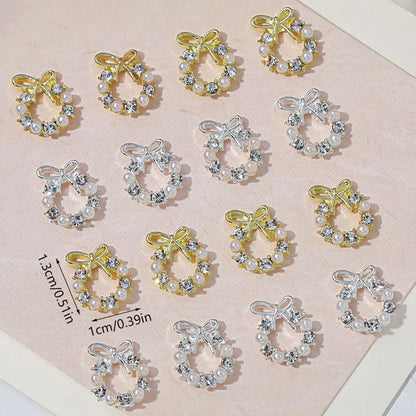 5Pcs Garland Bowknot Pearl Zircon Nail Art Charms Rhinestone Christmas Wreath Design Crystals Jewelry Nail Art Decoration