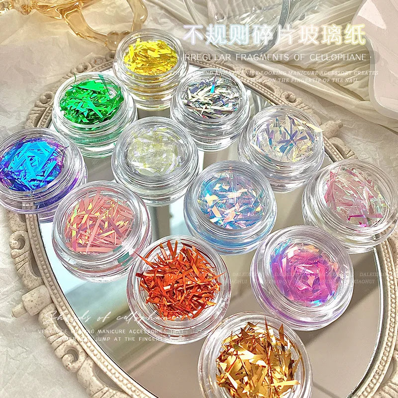 1Box Irregular Holographic Broken Glass Paper Aurora Nail Foil Decal Gradient Laser Flakes Sticker DIY Accessories Manicure Deco