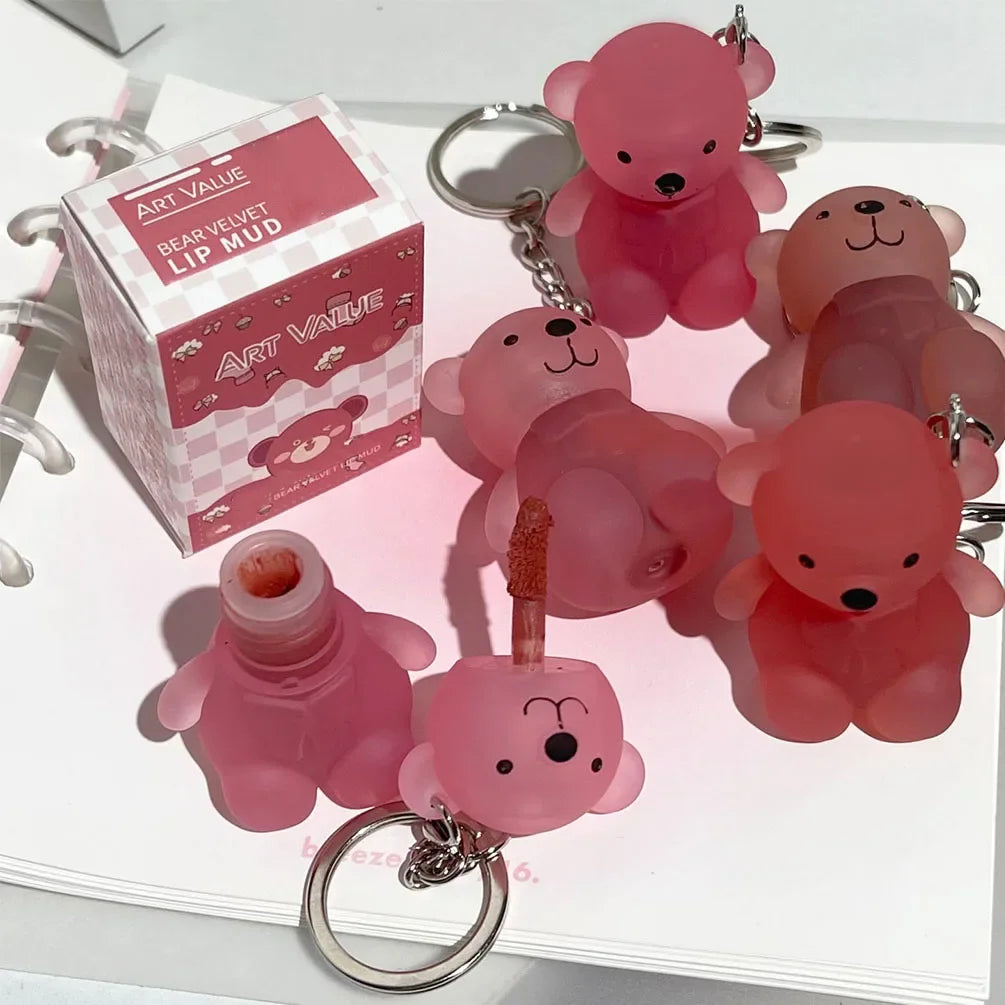 Cute Bear Keychain Lip Mud Matte Velvet Mousse Grey Pink Lipstick Waterproof Long Lasting Non-Stick Cup LipGloss Korean Cosmetic