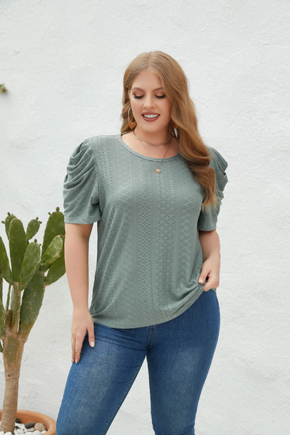 GIBSIE Plus Size Solid O-Neck Leg of Mutton Sleeve Blouse Women Fashion 2023 New Summer Office Casual Women's Blouses Tops