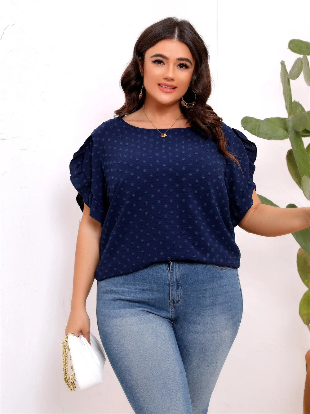 GIBSIE Plus Size Swiss Dot Ruffle Sleeve Top Blouse Women Summer Solid Casual Boho Round Neck Loose Short Sleeve Shirt Tops