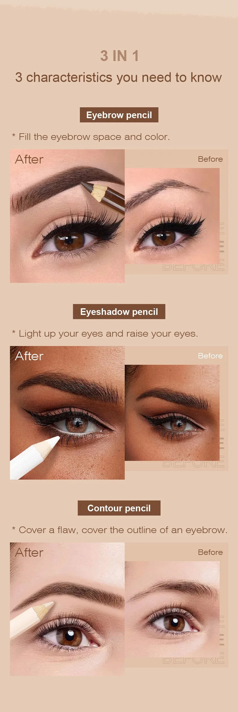 3pcs White Eyeshadow Eyebrow Contour Concealer Wooden Pencil Set Durable Waterproof Matte Nude Brown Eye Shadow Liner Makeup Kit