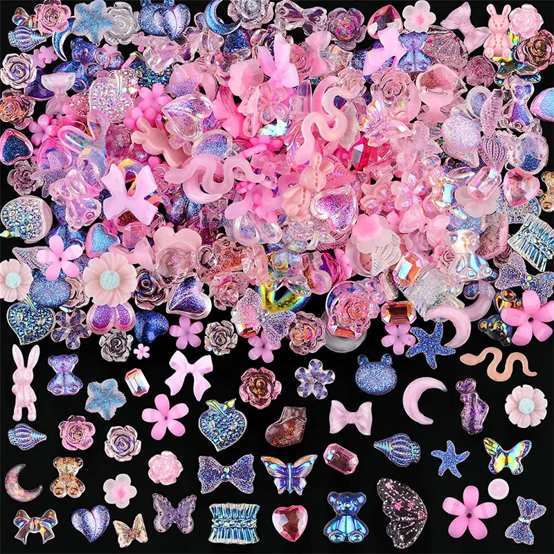 50PCS Mixed Kawaii Resin Nail Art Charms 3D Flower Bow Animals Rhinestones Nail Decorations DIY Manicure Professional Supplies