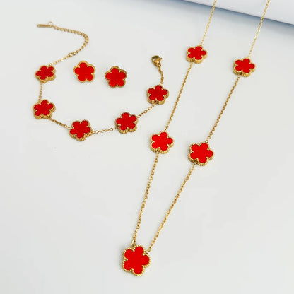 Double Sided Clover Stainless Steel Jewelry for Women Earring Necklace Bracelet Plant Five Leaf Flower Mother's Day Souvenirs