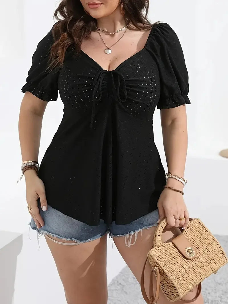 GIBSIE Plus Size Sweetheart Neck Knot Front Women Blouse Summer Puff Short Sleeve Sweet Casual Black Tops and Blouses 2024 New