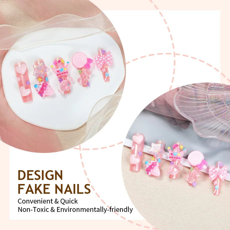 24pcs 3D Resin Candy Bow Star Decor False Nails Long Ballet Pink Press on Nails for Girls Full Cover Wearable Fake Nail Patches