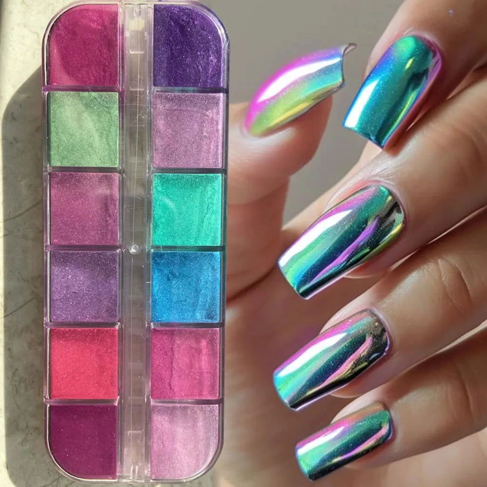 1/6/12Grids Holographic Powder Rainbow Color Rub Dust Chameleon Chrome Nail Glitter Powder Laser Pigment For Nail DIY Manicure