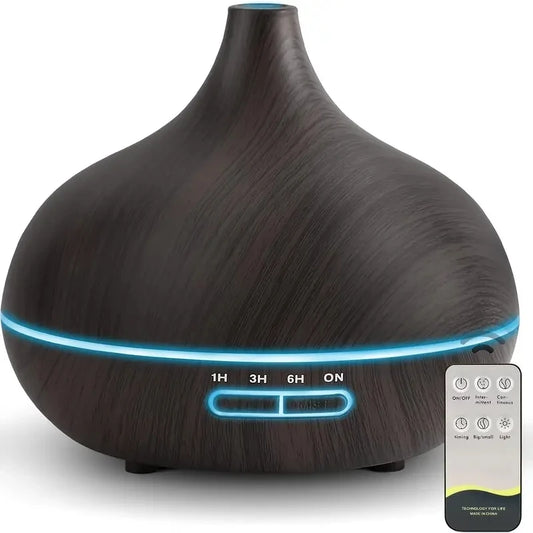 550ml Wood Color USB Aroma Diffuser, Essential Oil Diffuser with 7 Color LED Lights & Remote Control, USB Powered Air Humidifier