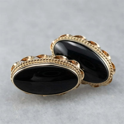 Elegant Oval Inlaid with Black Stones Stud Earrings for Women Fashion Gold Color Metal Carving Patterned Earrings