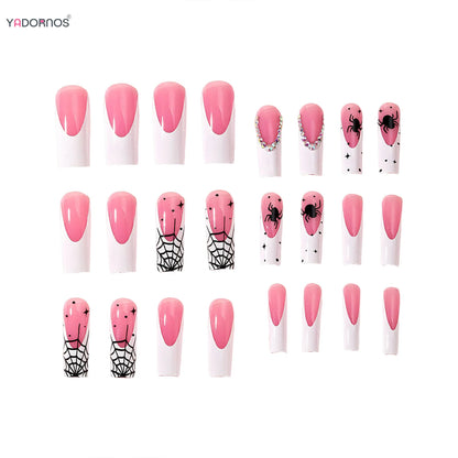 Long Coffin False Nails Tips White French Style Press on Nails Black Spider Web Pink Charms Fake Nails for Women Halloween Party