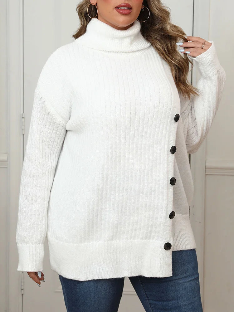 GIBSIE Plus Size Women's Turtleneck Sweater Autumn Winter Drop Shoulder Button Casual Warm Pullover Female White Knitted Jumper