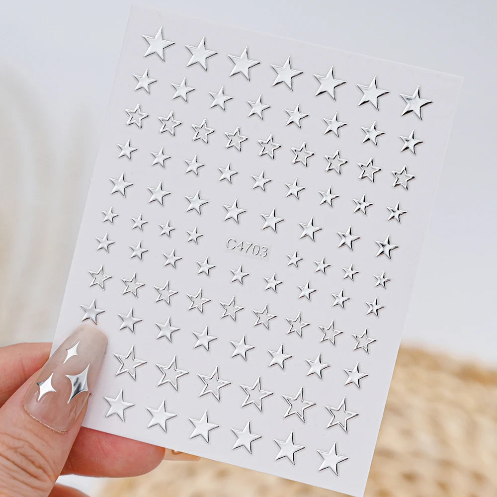 6 Sheets Metal Silver Nail Stickers Metallic 3D Star Nail Art Stickers Decals Self-Adhesive Nail Art Stickers Metal Chain Heart