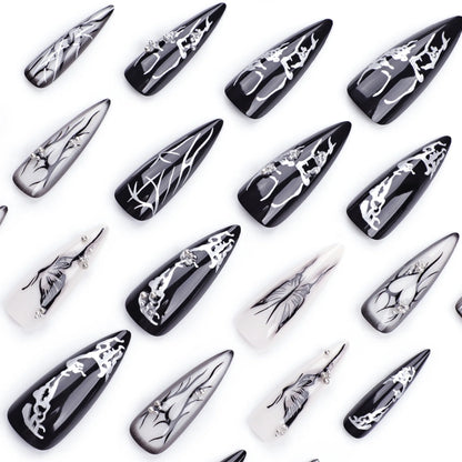 24Pcs Long Stiletto Fake Nails Hot Black Cool Almond False Nails with Butterfly Pearl Full Cover Artificial Tips Nails Press On