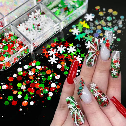 6Grids/Box Winter Christmas Snowflake Nail Art Glitter Iridescent White Glitter Flake Sequins Manicure Xmas Spangle Paillettes *