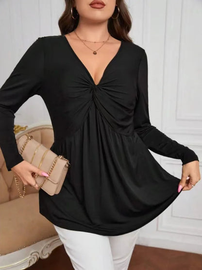 GIBSIE Plus Size Black Twist Front V-neck Blouse Women Spring Fall Casual Long Sleeve Slim-fit Elegant Blouses Tops 2024 New