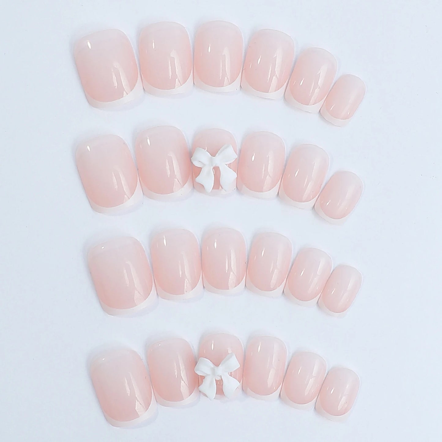 White French Press on Nails 3D Bowknot Fake Nails Tips Full Cover Wearable False Nails for Women and Girls DIY Manicure 24Pcs