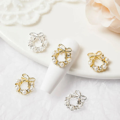 10/50Pcs Garland Bowknot Pearl Zircon Nail Art Charms Rhinestone Christmas Wreath Design Crystals Jewelry Nail Art Decoration