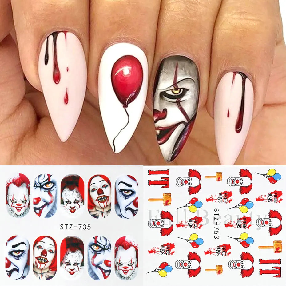 4pcs Clown Skull Bone Nail Stickers Cute Anime Sliders Halloween Water Decals Nail Art Decorations Manicure Wraps LASTZ735-738