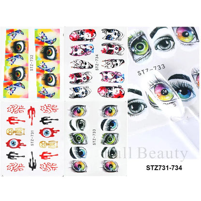 4pcs Clown Skull Bone Nail Stickers Cute Anime Sliders Halloween Water Decals Nail Art Decorations Manicure Wraps LASTZ735-738