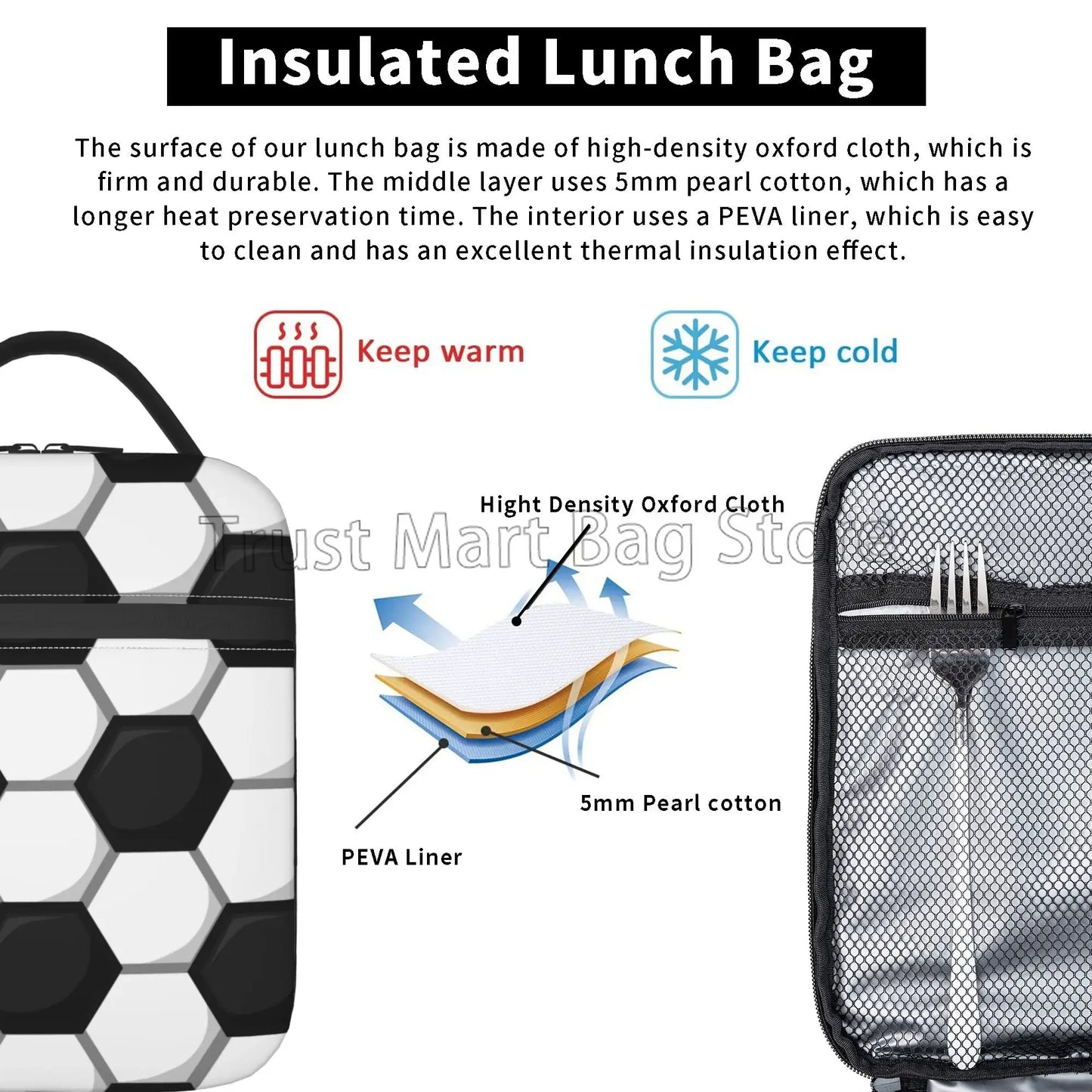 Soccer Insulated Lunch Bags Cooler Tote Organizer Bags Reusable Lunch Box for Women Girls Boys School Work Picnic Camping Travel