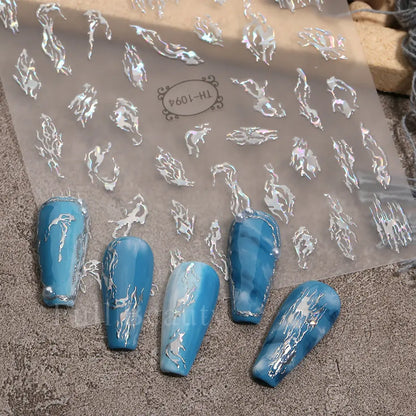 3D Holographic Silver Wave Lines Nail Sticker Decor Laser Heart Star Moon Adhesive Sliders Metal Geometry Stripe Manicure TH182