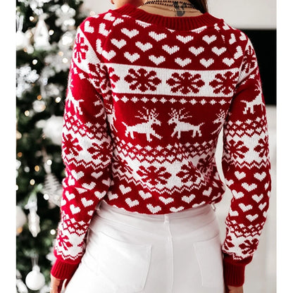 Xmas Look 2024 Women Christmas Sweater Print Jacquard Knitted Jumper Full Sleeve O Neck Warm Soft Pullover Tops Female Knitwear