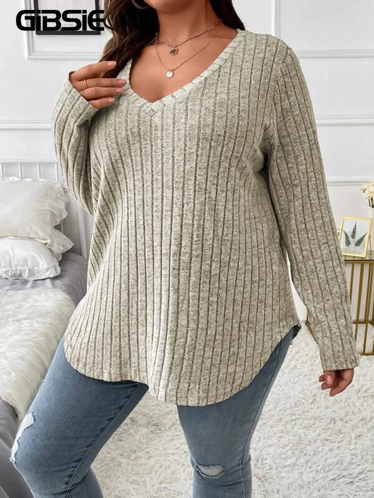 GIBSIE Plus Size Women's Casual V-Neck Long Sleeve Tees Shirt 2024 Spring Autumn Fashion Loose Ribbed Knit Tops for Women