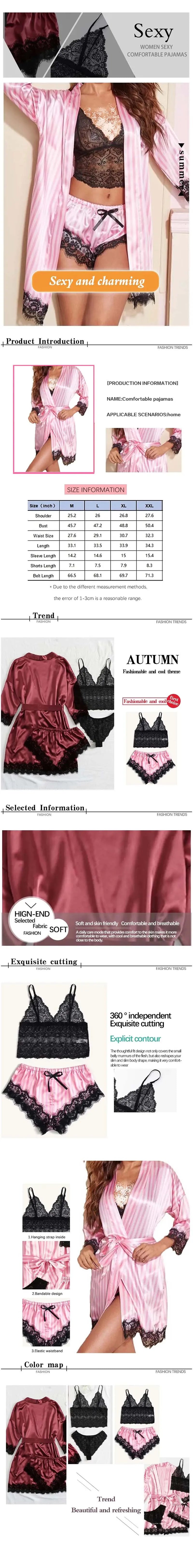 Women's Summer Fashion And Comfortable Nightwear Lace Satin With Silk Sleepwear Robe Sexy Pajama Pants Home Clothes