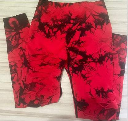 Women Tie Dye Hollow Out Leggings Sports Pants Fitness Sportswear Sexy High Waisted Push Up Gym Tights Red Running Leggings