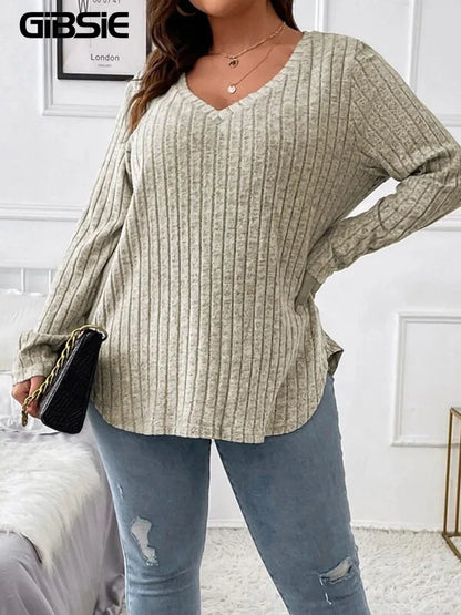 GIBSIE Plus Size Women's Casual V-Neck Long Sleeve Tees Shirt 2024 Spring Autumn Fashion Loose Ribbed Knit Tops for Women