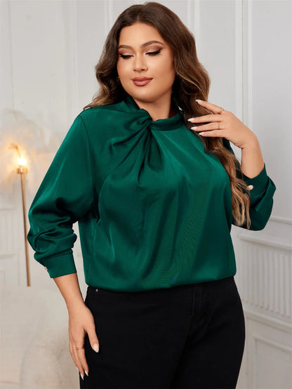 GIBSIE Plus Size Keyhole Long Sleeve Green Shirt Women Autumn New Solid Elegant Office Ladies Satin Tops And Blouses 2024