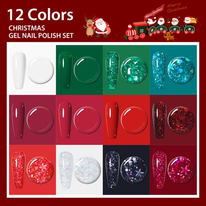 12pcs Christmas Gel Nail Polish Set,Glitter Sequins Gel Polish Semi Permanent Soak Off UV LED Nail Art Varnish Manicure Kit DIY